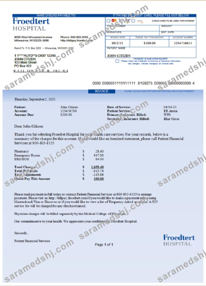 USA Froedtert Hospital invoice